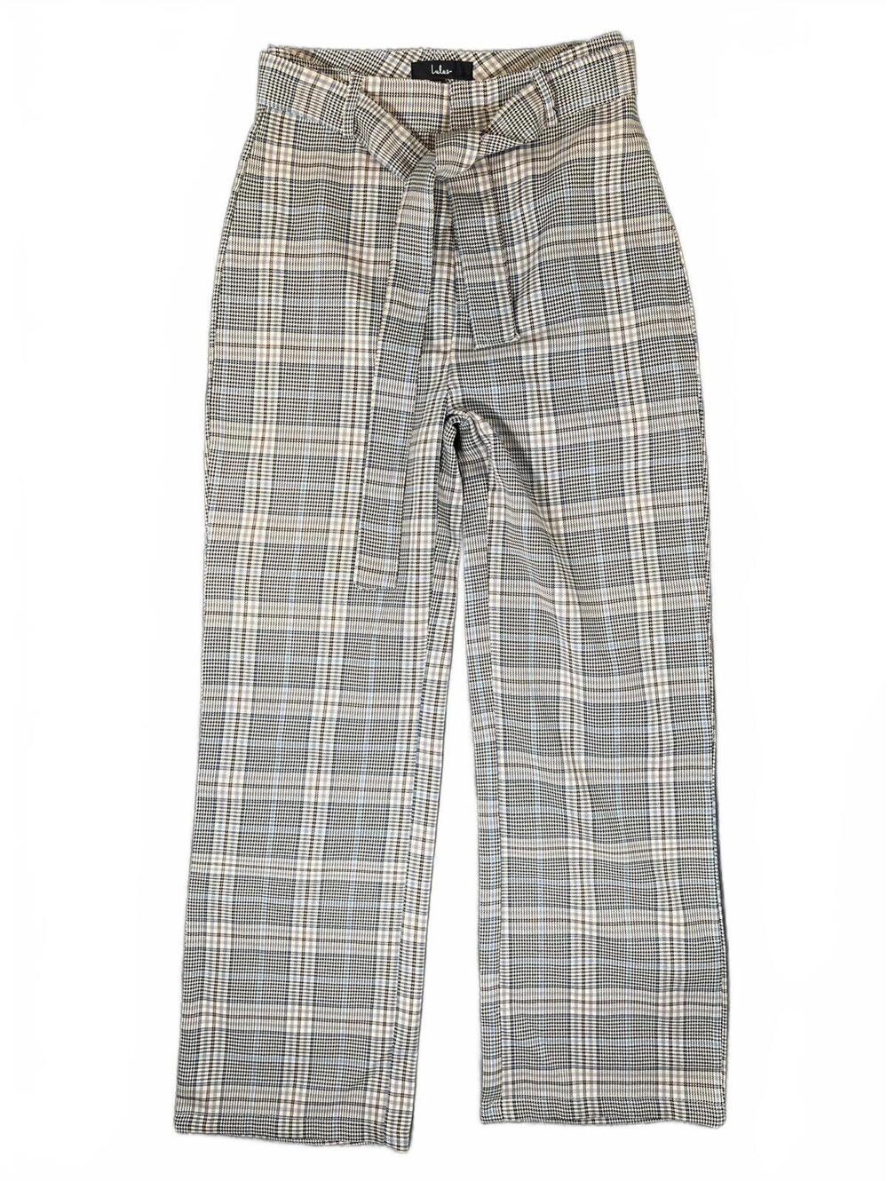 Lulus Plaid High Waist Wide Leg Pants with Tie Belt Beige Black Blue - Size XS